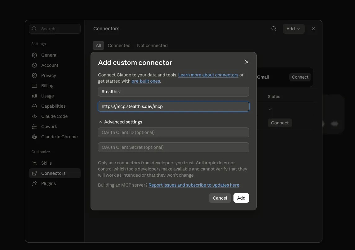 Claude's Add custom connector modal with the name Stealthis and the URL https://mcp.stealthis.dev/mcp filled in